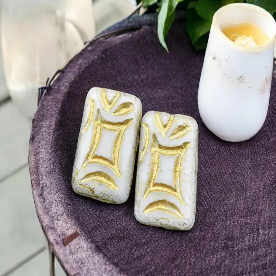 *6* 19x13mm Bronze Washed Matte White Opal Rectangle Beads {4}