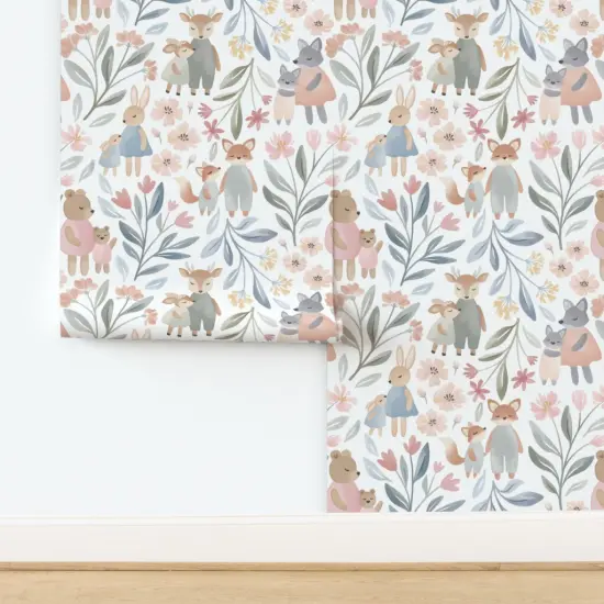 Peel & Stick Wallpaper 2FT Wide Watercolor Forest Pastel Woodland Bohemian Family Whimsical Fun Cute Happy Cheerful Soft Pink Blue White Custom Removable Wallpaper by Spoonflower {2}