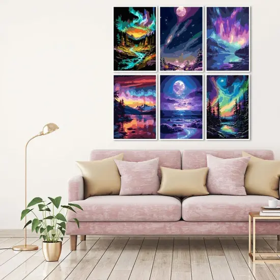 6 Pack Paint by Number Kit for Adults Beginner, Polar Lights Moon Landscape DIY Acrylic Painting Paint by Numbers Kits on Canvas for Gift Home Wall Decor 10x14inch {3}
