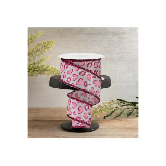 2.5" Heart Leopard Tinsel Edge Ribbon: White (10 Yards) {3}