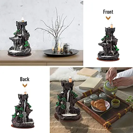 Dual Sided Incense Burner, Resin River Tower Backflow Incense Holder, Cool Aromatherapy Incense Fountain Smoke Mountain Waterfall with 120 Upgraded Incense Cones+30 Incense Sticks {6}