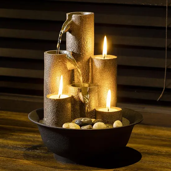 Indoor Tabletop Tiered Water Fountain Featuring 3 Candles for Desktop and Table, 11", Brown {1}