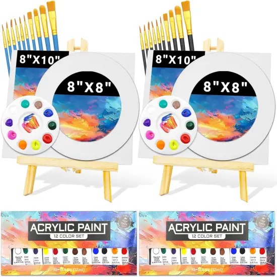 52 Packs for Adults & Kids 4 Canvas 2 Easel 2 Pcs 12 Colors Acrylic Paints 2 Pcs 10 {1}