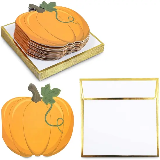 24 Pack Pumpkin Notecards with Gold Foil Envelopes, Thanksgiving Note Cards, Fall Greeting Cards for Autumn Stationery, Halloween Party (4.75 x 4.75 Inch) Orange {1}