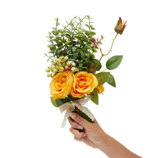 Yellow Silk Roses, Eucalyptus and Berry Bridal Bouquet, Wedding Centerpiece (15.7x7 In) {4}