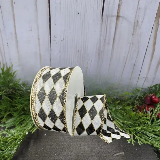 1.5" Antique Harlequin Ribbon: Black (10 Yards) {5}