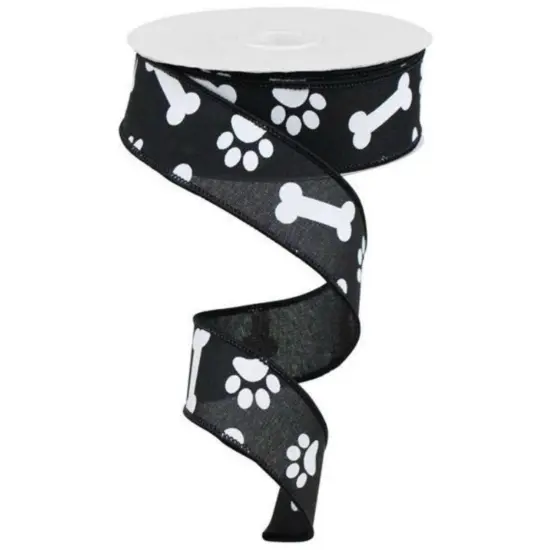 1.5" Paw Print Royal Ribbon: Black (10 Yards) {1}