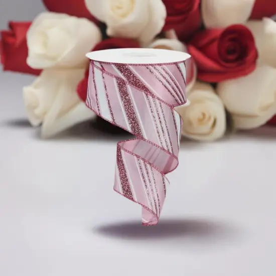 1.5" Diagonal Line Glitter Ribbon: Pink (10 Yards) {2}