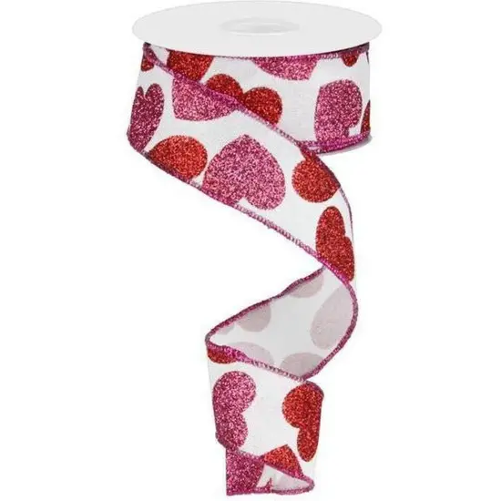 1.5" Bold Glitter Hearts Royal Ribbon: White (10 Yards) {1}