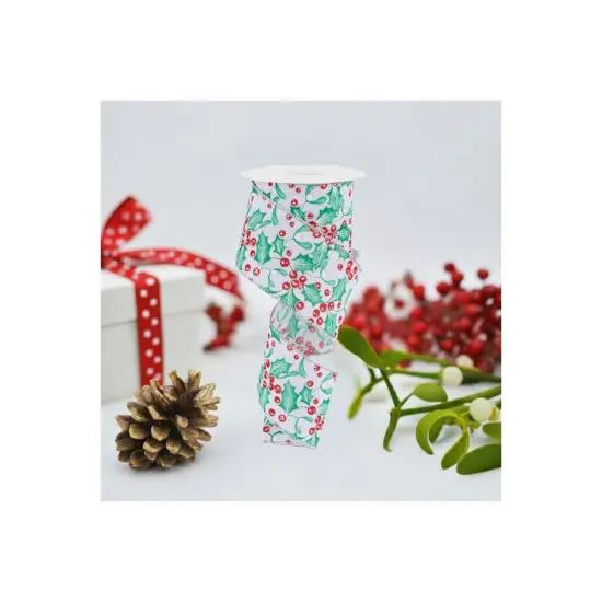 2.5" Holly Berry Mistletoe Ribbon: White/Mint (10 Yards) {2}
