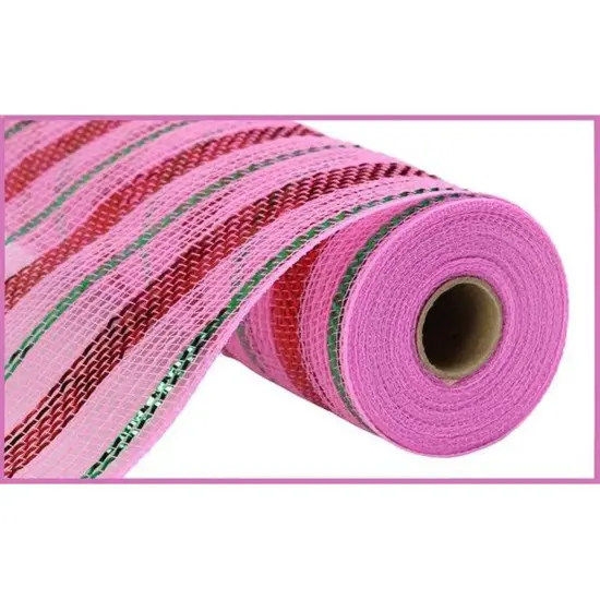 10.25" Poly Faux Jute Metallic Mesh Ribbon: Lt Pink/Red/Emerald (10 Yards) {1}