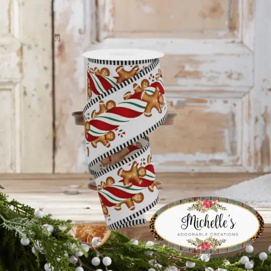 2.5" Gingerbread Kids Stripe Ribbon: White/Red (10 Yards) {2}