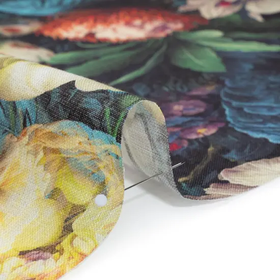 1 Yard Yellow Red Dark Green Linen Fabric Medium Weight Mythical Garden 58 inch Width {2}