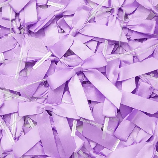 100 Pack Purple Twist Tie Bows for Treat Bags, 3" Small Satin Ribbons for Craft Decoration, Gift Wrap, Themed Party Favors, Baked Goods {6}