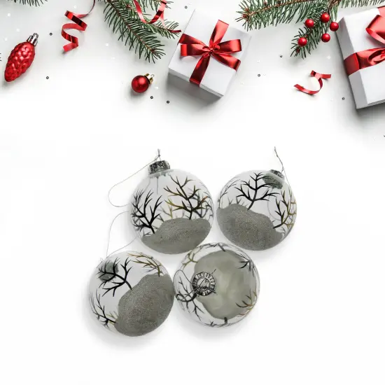 Northlight Winter Forest Christmas Glass Ball Ornaments - 3.25" (80mm) - 4ct Clear {4}