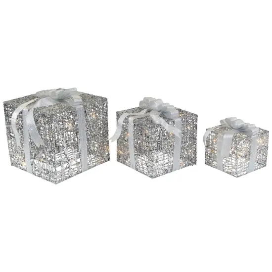 Northlight Lighted Glitter Threaded Gift Boxes Outdoor Christmas Decoration - Silver - Set of 3 {5}