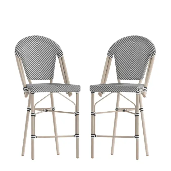 Merrick Lane Mael Set of Two Stacking Bistro Style Counter Stools with Textilene Backs and Seats and Metal Frames for Indoor/Outdoor Use Black/Natural Frame {8}