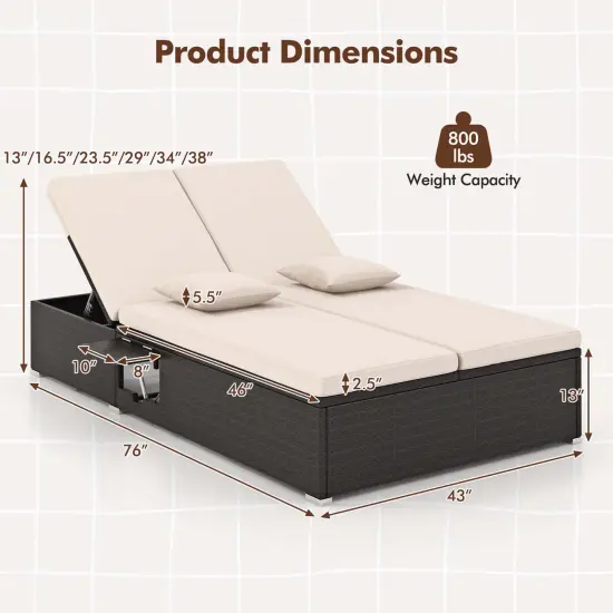 Costway Outdoor Patio Daybed PE Wicker Double Chaise Lounge with Adjustable Backrests {3}