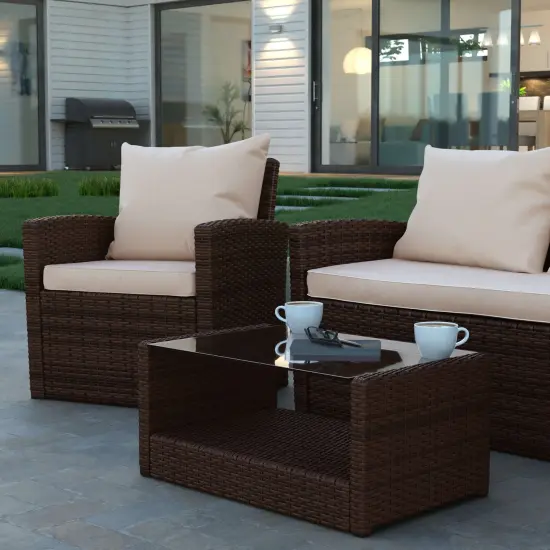 Emma and Oliver 4 Piece Patio Set with Gray Back Pillows & Seat Cushions - Outdoor Seating Beige/BrownFrame {6}