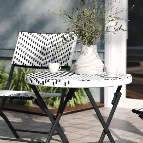 Emma and Oliver Ciel Three Piece Folding Bistro Set in PE Rattan with Metal Frames for Indoor and Outdoor Use Black & White {6}
