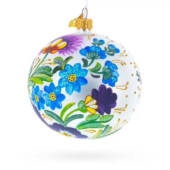 Ukrainian Petrykivka Floral Painting Glass Ball Christmas Ornament 4 Inches {4}