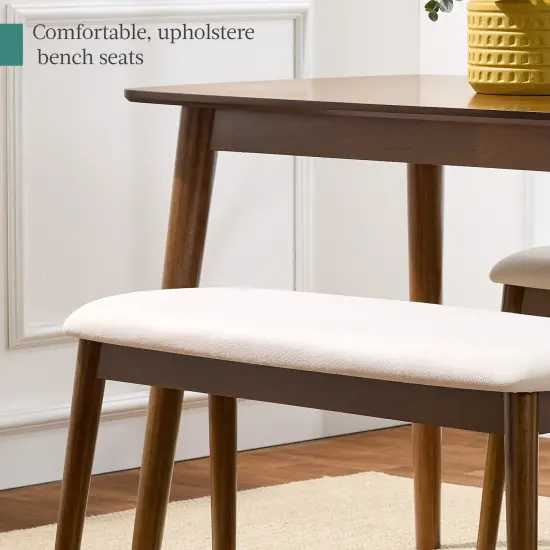 Best Choice Products 3-Piece Mid-Century Modern Upholstered Wooden Dining Set w/ 2 Bench Seats - Walnut/Cream {4}