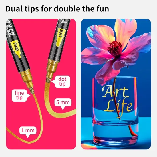 3 Gold Acrylic Paint Pens Markers, Dual Tip (Fine 1mm + Dot 5mm), for Rock Painting Fabric Canvas Glass Wood Ceramic Paper Eggs, Fabric Marker Ideal for Labeling DIY Crafts Art Projects {2}