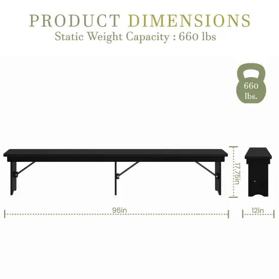 Merrick Lane Tinsley 96" x 12" Solid Pine Folding Farmhouse Style Bench Black Wash {6}