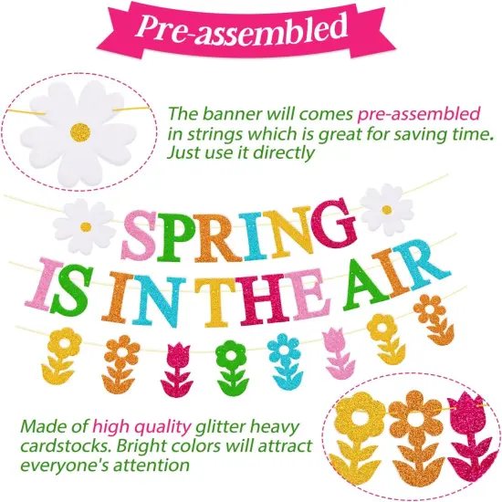Spring is in The Air Banner Hello Spring Party Decorations Tulips Flowers Garland Welcome Spring Happy Easter Festival Colorful Glitter Party Supplies {3}