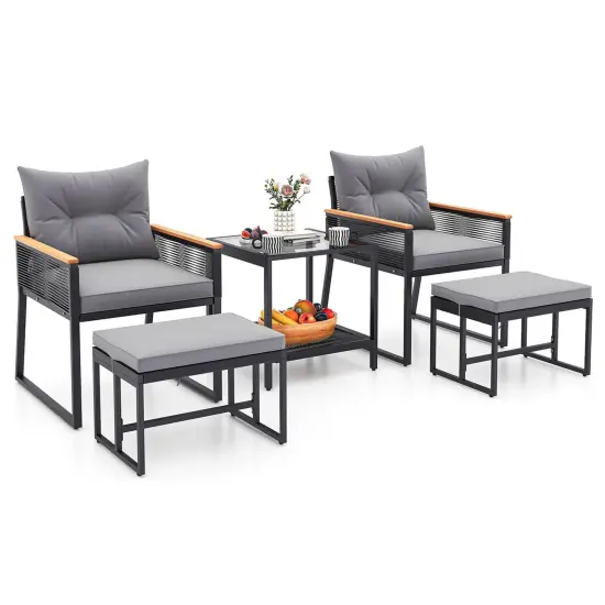 Costway 5 Piece Outdoor Conversation Set Rattan Armchairs with 2-Layer Side Table {2}