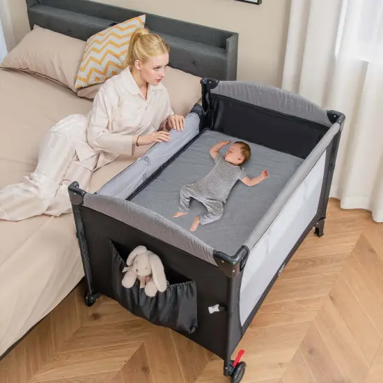 Honeyjoy 5-in-1 Baby Crib with Adjustable Height Soft Mattress Portable Pack Play with Music Black/Grey {9}