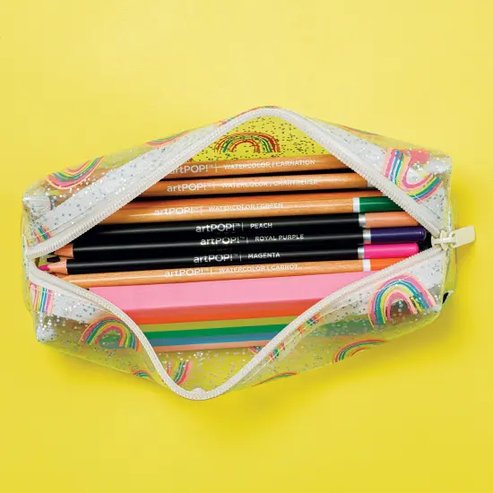 artPOP! Rainbow Pencil Case, Clear Glitter Soft Pen Pouch with Zipper Closure, 7.8 x 2.1 Inches Portable Round Pencil Bag for Pens, Marker, Travel {1}