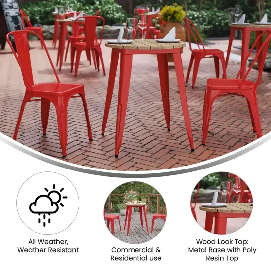 Merrick Lane Dryden Indoor/Outdoor Dining Table, 23.75" Round All Weather Poly Resin Top with Steel Base Brown Top/Red Frame {2}