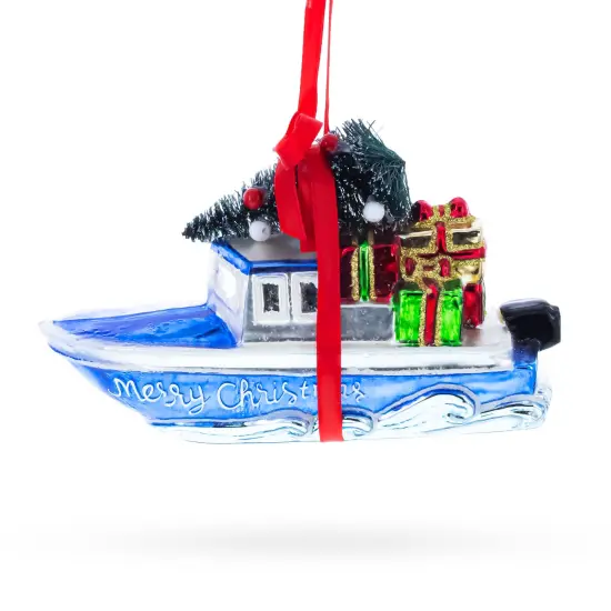Boat with Tree and Present Glass Christmas Ornament {3}