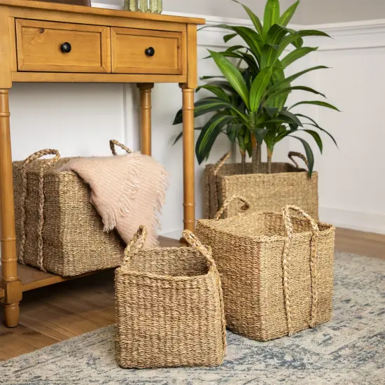 Northlight Rustic Square Wicker Table and Floor Baskets - Set of 4 Beige {1}