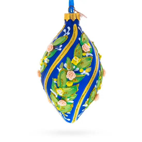 Swirl Roses on Blue Pointed Teardrop Finial Glass Christmas Ornament {4}