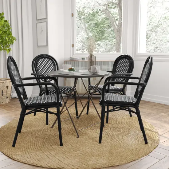 Merrick Lane Celia Set of Four Stacking Thonet Bistro Style Chair with Arms, PE Rattan Seat, and Metal Frame for Indoor/Outdoor Use White&Navy/Natural {7}