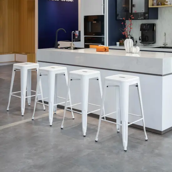 Basicwise 30-inch Backless Metal Bar Stool Stackable Heavy-Duty Counter-Height Chair for Home Bars Patios Kitchen Islands Cafes Restaurants Bistros and Dining Areas for Indoor & Outdoor Use White Set of 4 {2}