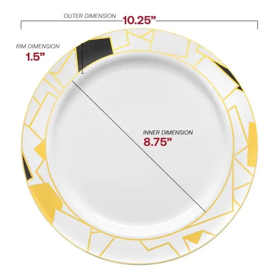White with Black and Gold Abstract Squares Pattern Round Disposable Plastic Dinner Plates - 10.25" (120 Plates) {3}