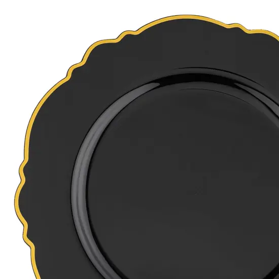 Black with Gold Rim Round Blossom Disposable Plastic Appetizer/Salad Plates - 7.5" (120 Plates) {1}