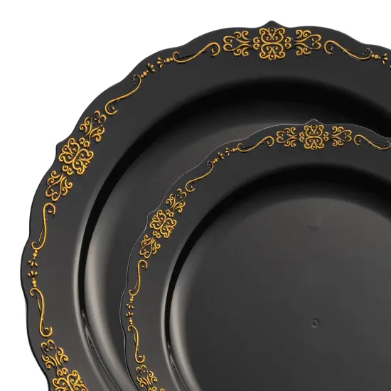 Black with Gold Vintage Rim Round Disposable Plastic Dinnerware Value Set (120 Guests) {1}