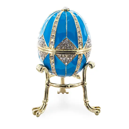 Crystal Rhombus on Blue Enamel Royal Inspired Metal Easter Egg 3.15 Inches {1}