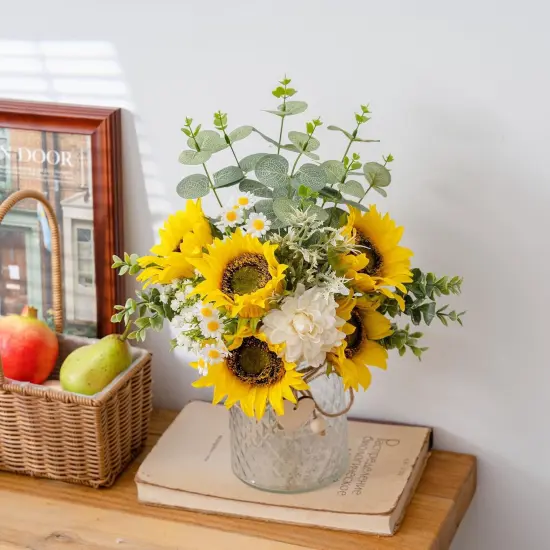 Silk Artificial Sunflower and White Dahlia Arrangement in Vase Suitable for Home Spring Decor Centerpiece {3}