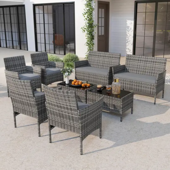 Costway 8 PCS Patio Furniture Set with Washable Cushions and Tempered Glass Coffee Table {4}