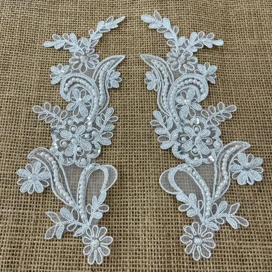 1 Pair Beaded & Corded Floral Lace Applique 9" x 2.5" Each Side Silver {1}