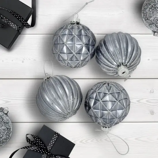 Northlight Geometric Glittered Shiny Glass Ball Christmas Ornaments - 3" (80mm) - Pewter- 4ct Silver {1}