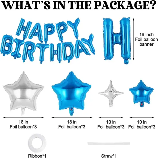 Blue Happy Birthday Banner Balloons Letters Balloons 16 Inch with 12 Pcs Star Foil Balloon Birthday Party Decorations {5}