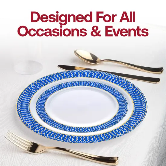 White with Gold Spiral on Blue Rim Plastic Wedding Value Set (20 Settings) {6}