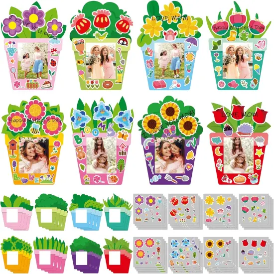 96Pcs DIY Mother's Day Craft Kits for Kids, Make Your Own Spring Picture Frames with Stickers Flowers Paper, Spring Seasonal Gifts Craft Decor, Classroom Activities Supplies {1}