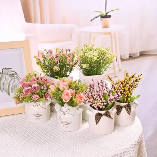 6Pcs Artificial Flowers with Ceramic Pot Fake Flower Arrangements Small Faux Spring Flowers in Vase Home Spring Decor {5}